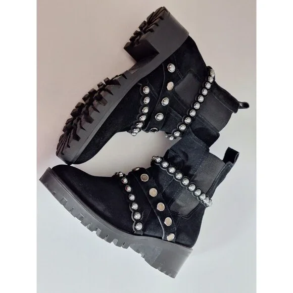 Karl Lagerfeld Paris Black Pia Faux Pearl Studded Suede Ankle Boots Sz 7.5B Goth - Picture 10 of 13